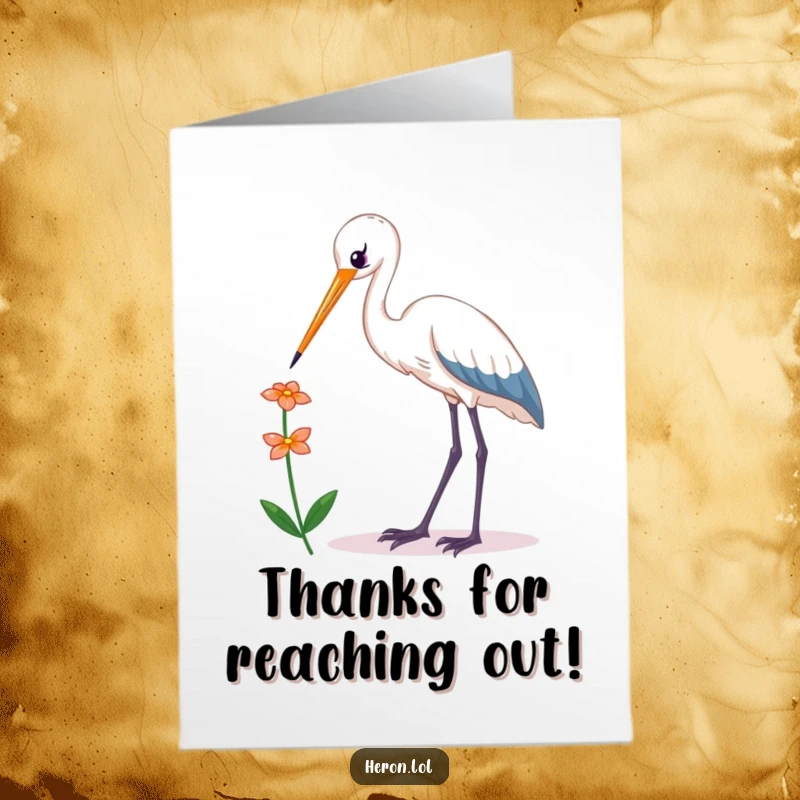 Funny Free Printable Thank You Card: Kawaii heron bird extending neck to a flower, expressing thanks.