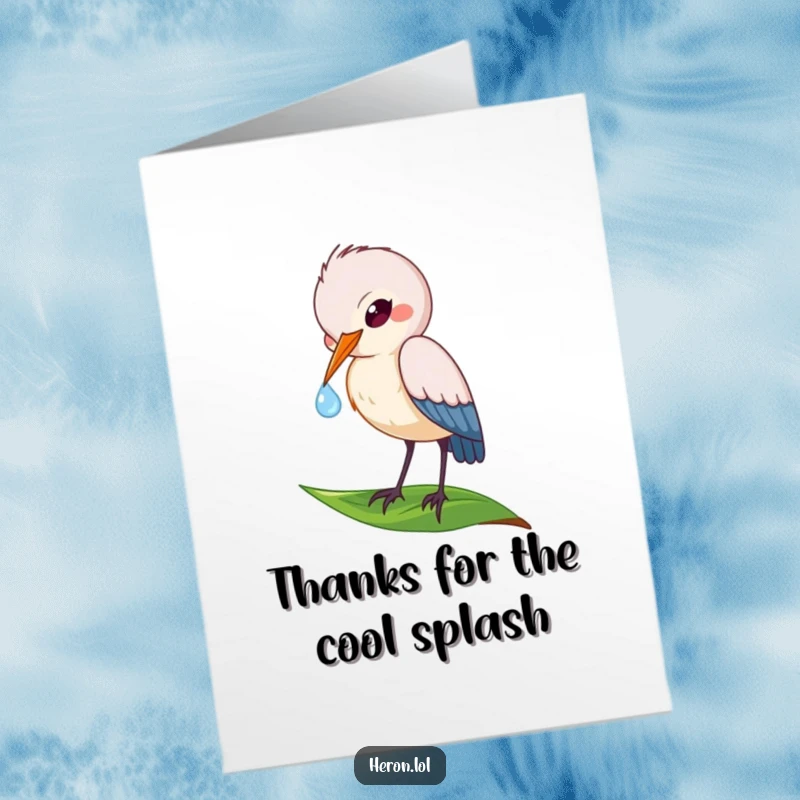 Funny Free Printable Thank You Card with a playful heron bird dipping its beak into a dewdrop on a leaf.