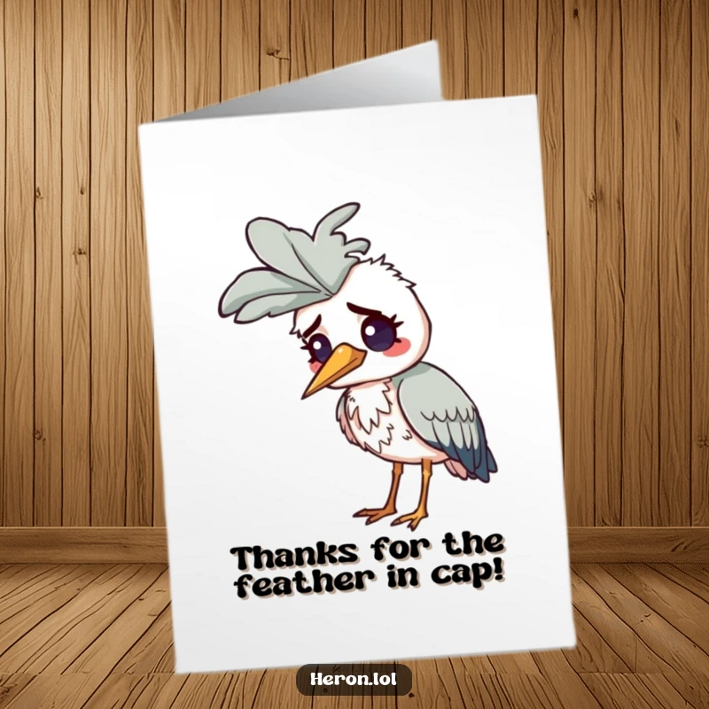 Funny Free Printable Thank You Card: A heron looking confused and slightly silly with a comically huge feather on its head.