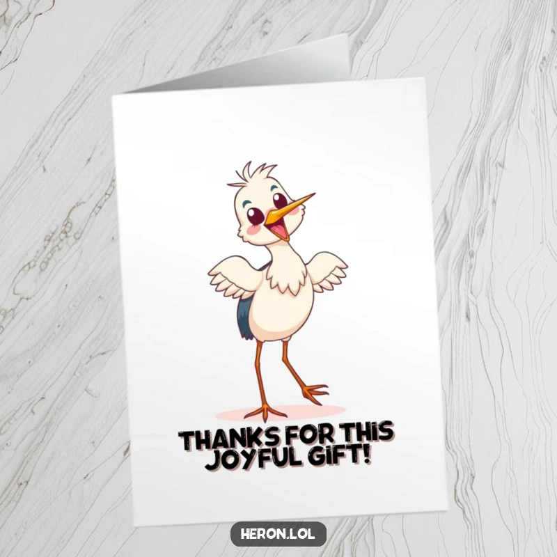 Funny Free Printable Thank You Card: A heron joyfully tiptoes and dances, offering a humorous and heartfelt thank you.