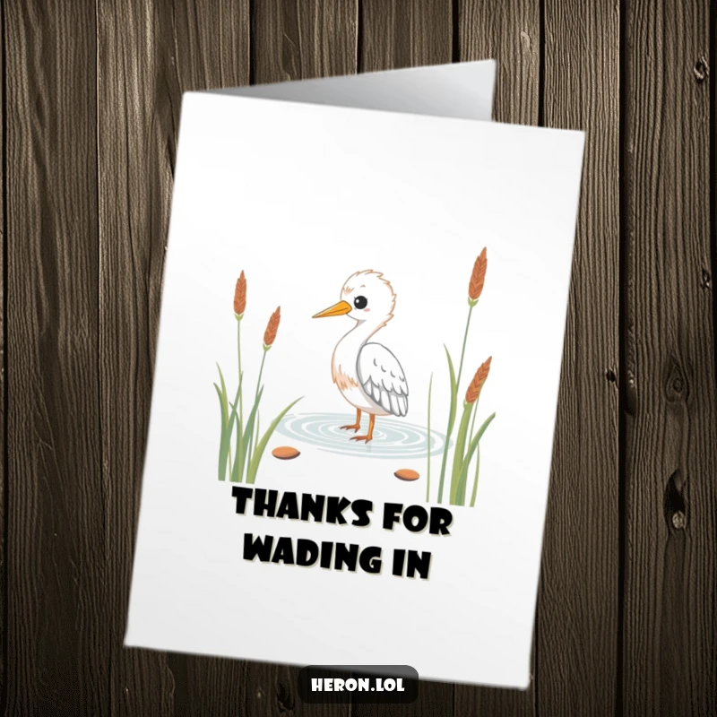 Funny Free Printable Thank You Card: Kawaii heron bird wading calmly through reeds, showing thanks.