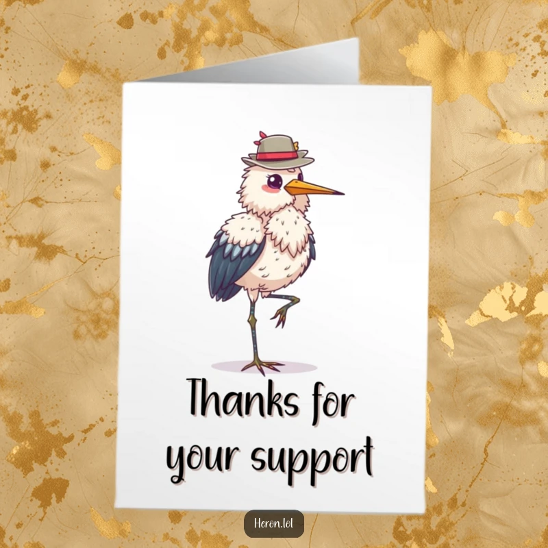 Funny Free Printable Thank You Card: Elegant heron bird stands on one leg balancing a hat, showing thanks.