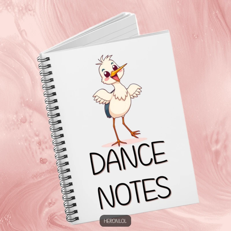 Funny Notebook with a delighted heron doing a silly tiptoe dance, ideal for jotting down notes with joy.