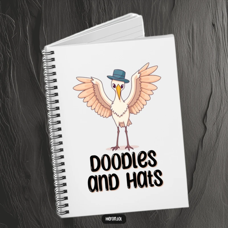 Funny notebook cover featuring a heron with spread wings awkwardly balancing a tiny hat, designed to inspire humorous creativity.