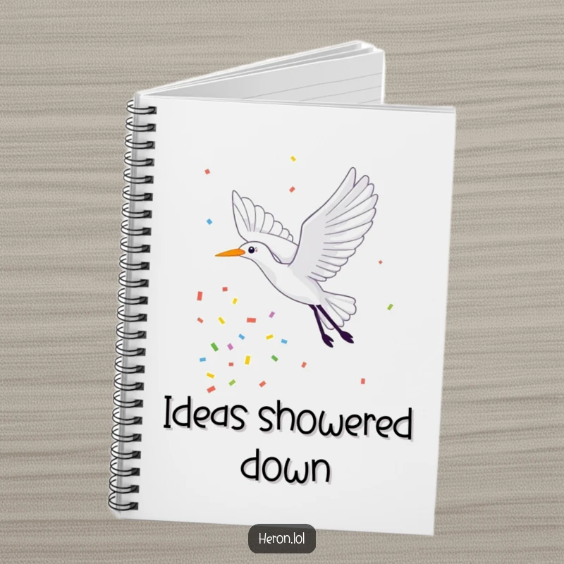 Funny Notebook cover featuring a heron flying joyfully, trailing a vibrant stream of confetti, perfect for jotting down celebratory notes and ideas.
