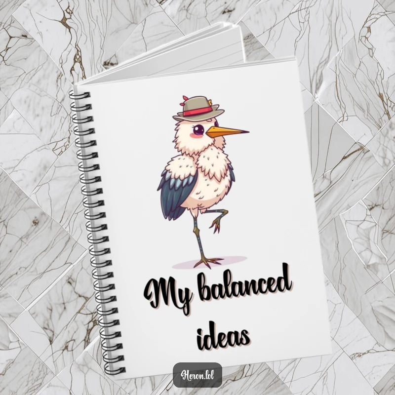 Funny fluffy heron notebook, standing on one leg, balancing a hat, ideal for notes and journaling, an elegant and useful gift.