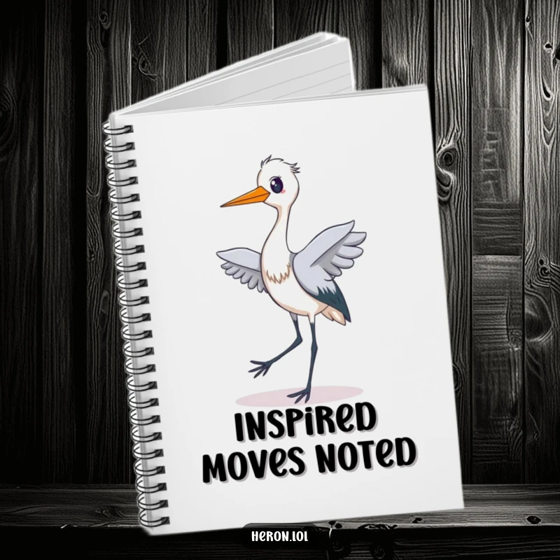 Funny notebook cover showing a delighted heron performing a silly, energetic tiptoe dance, perfect for capturing creative ideas and dance moves.