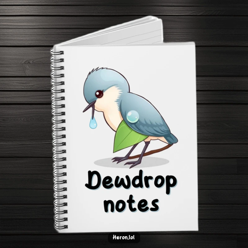 Funny Notebook with a heron pecking a dewdrop on a leaf, perfect for jotting down notes with a smile.
