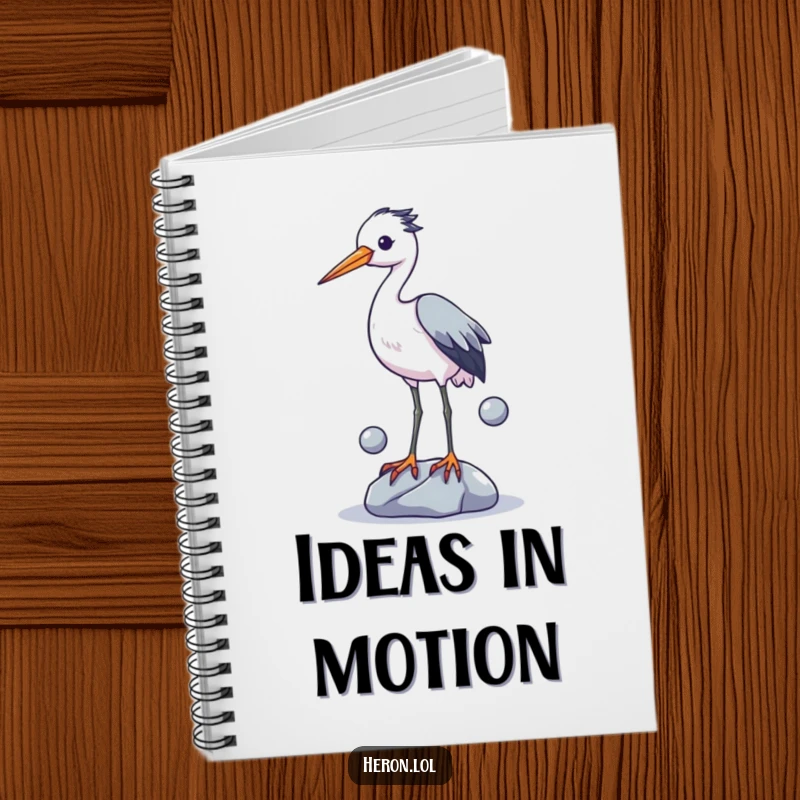 Funny notebook cover showing a heron precariously juggling three small, shiny stones with its legs, capturing a moment of intense focus and absurdity.