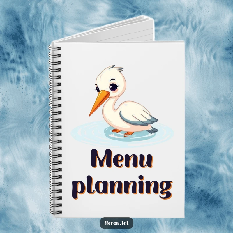 Funny notebook cover featuring a smiling heron fishing, beak submerged in shimmering water, designed to inspire peaceful thoughts and humor.