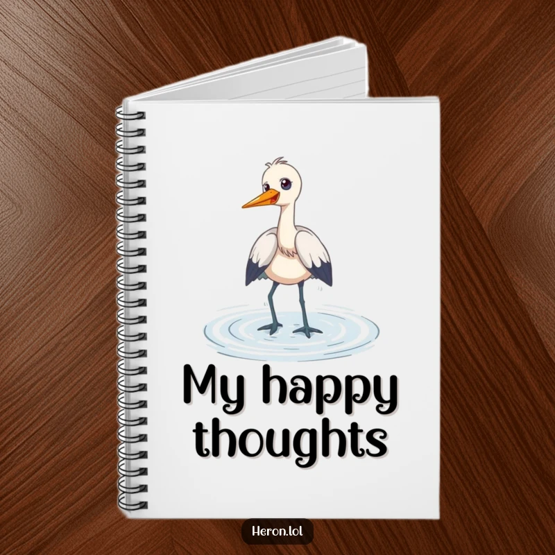 Funny Notebook cover with a heron wading through shallow water, giggling playfully, designed for noting down ideas with a touch of cheerful humor.