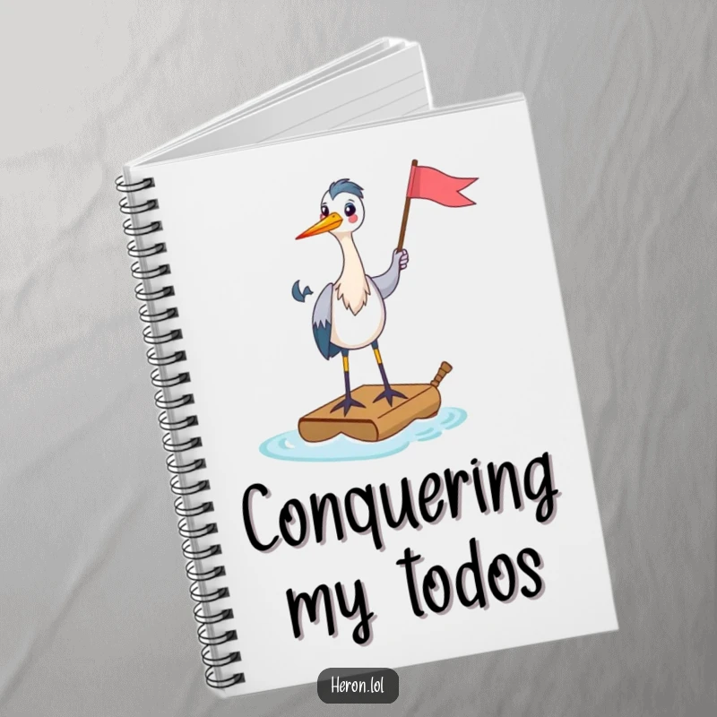 Funny Notebook cover with a happy heron on a tiny raft, holding a flag, designed for noting down ideas with a touch of cheerful humor.