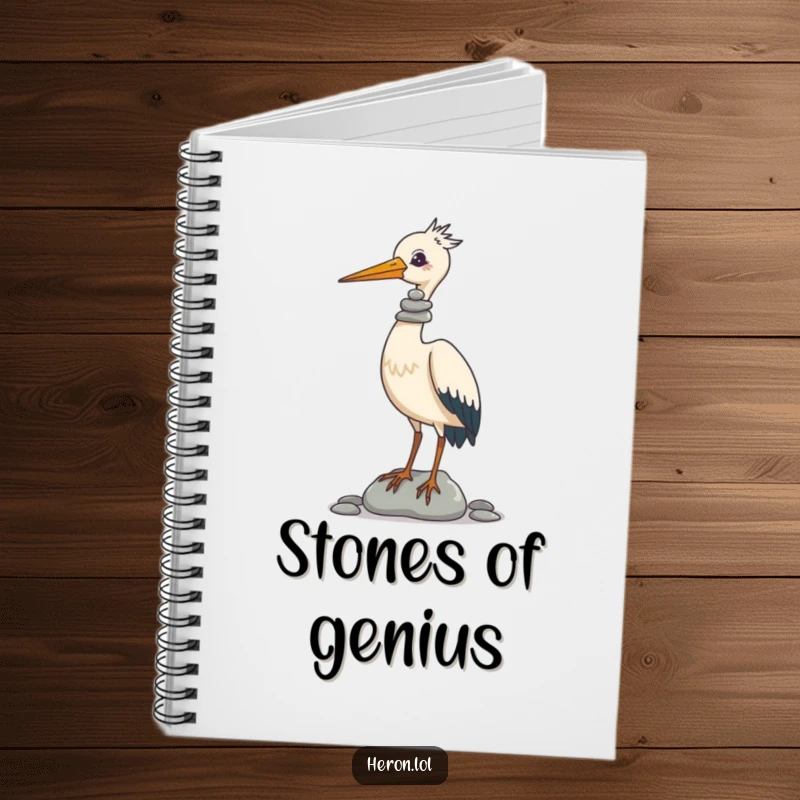 Funny Notebook with a cover showing a heron skillfully balancing a tall stack of pebbles on its beak, inspiring funny thoughts and notes.