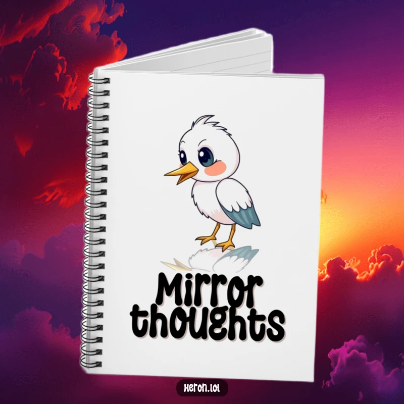 Funny notebook cover with a cute heron bird looking astonished at its reflection, encouraging humorous journaling.