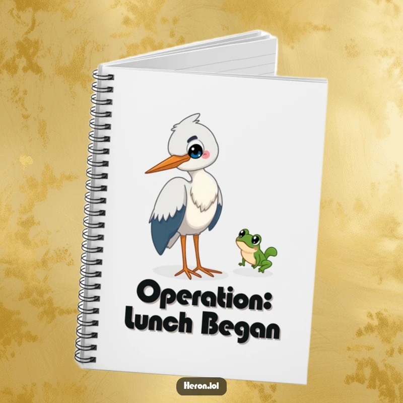 Funny Heron Notebook: A mischievous heron grins slyly while a tiny frog leaps away.