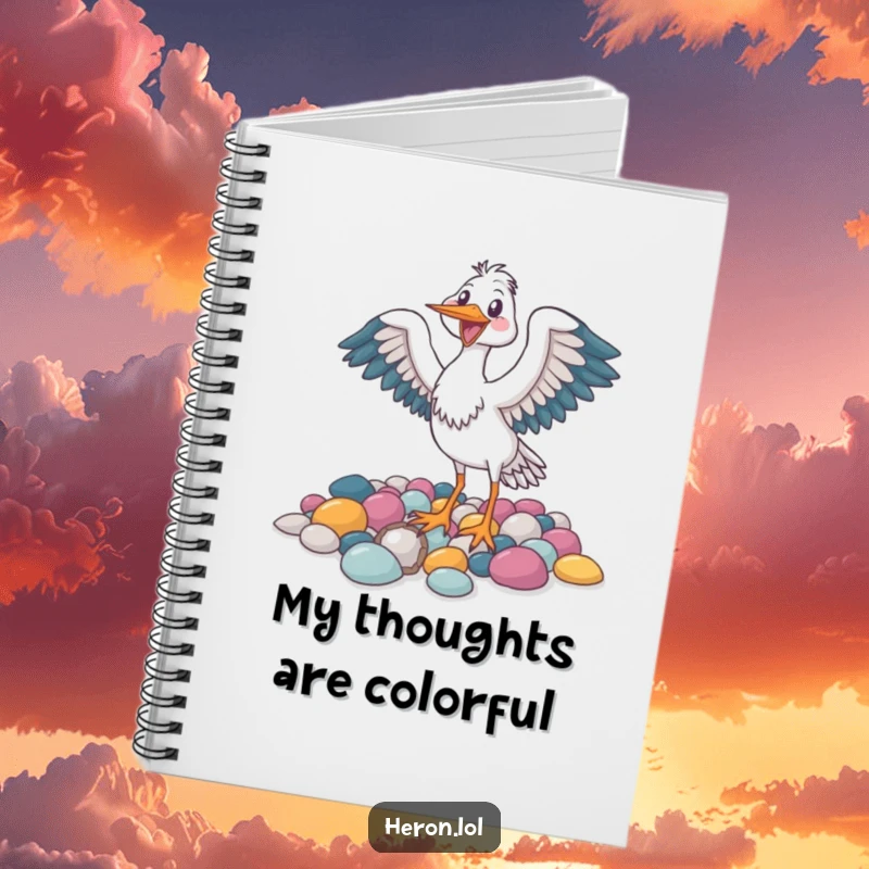 Funny notebook cover showing a joyful heron bird flapping its wings near colorful pebbles, ideal for happy notes.