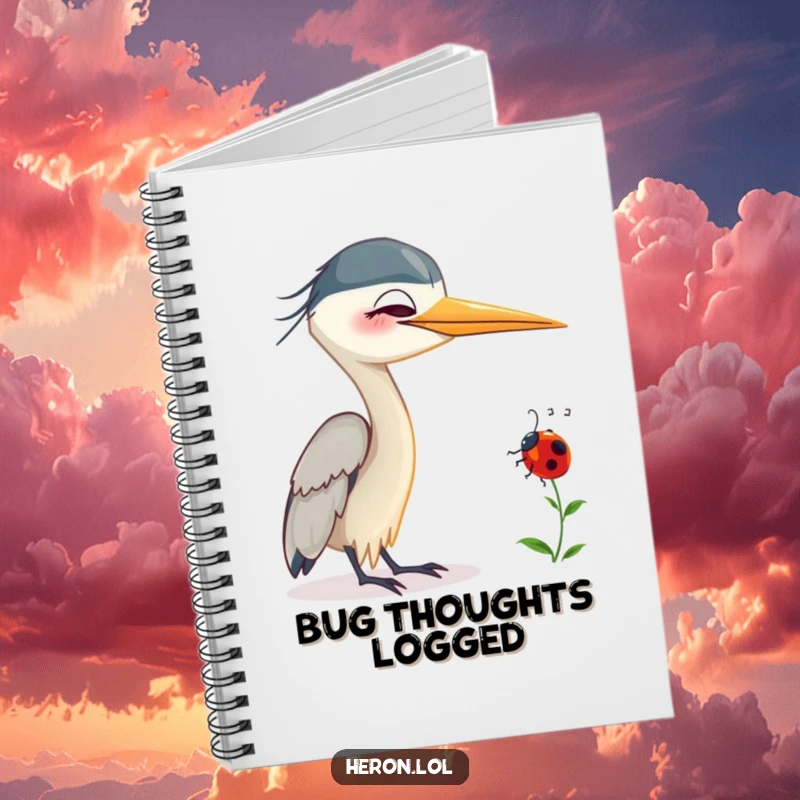 Funny Smiling Heron Notebook: Smiling heron bird with a ladybug on its neck, inspiring humorous thoughts and gentle journaling.