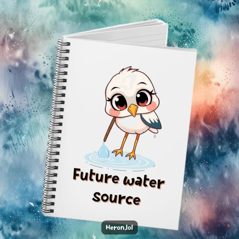 Funny notebook cover featuring a curious heron with wide eyes, scooping water with its beak, inspiring creativity and humor for note-taking.
