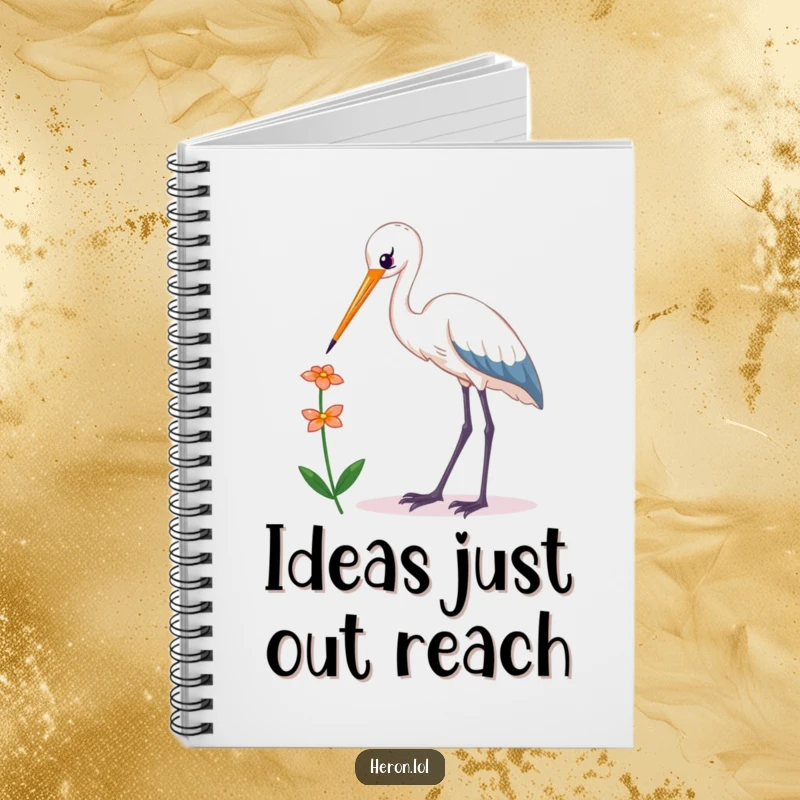 Funny Kawaii Heron Notebook: Cute bird reaching for a flower on a journal, perfect for humorous note-taking and sketching.