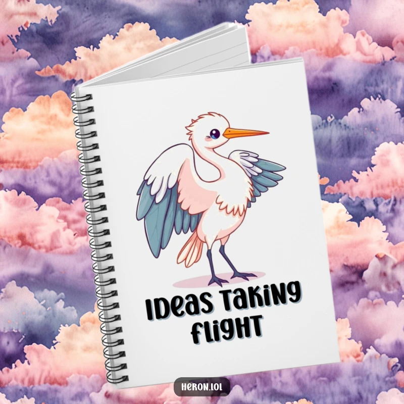 Funny Kawaii Heron Notebook: Cute bird in elegant wing unfurling motion on a journal, perfect for humorous note-taking.