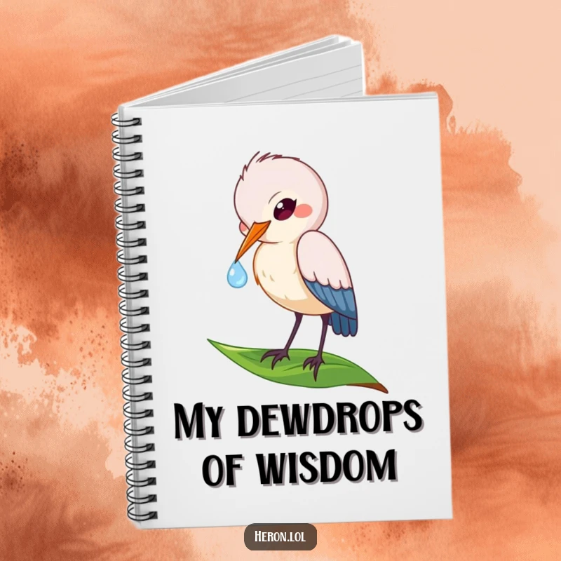 Funny notebook featuring a playful heron bird sipping a dewdrop from a leaf, designed for nature journaling and creative writing.