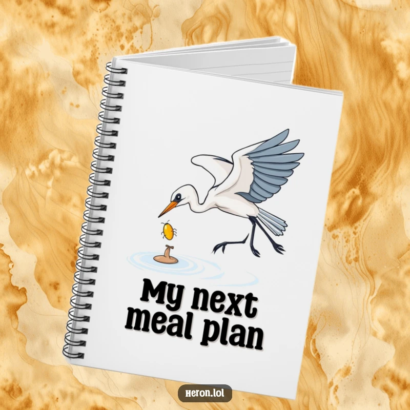 Funny Notebook cover with a heron gracefully swooping to catch a shiny bug, designed for noting down ideas with a touch of natural humor.