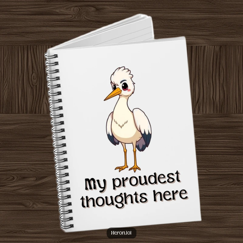 Funny notebook featuring a proud heron bird standing tall, chest puffed out, designed for capturing confident thoughts and plans.