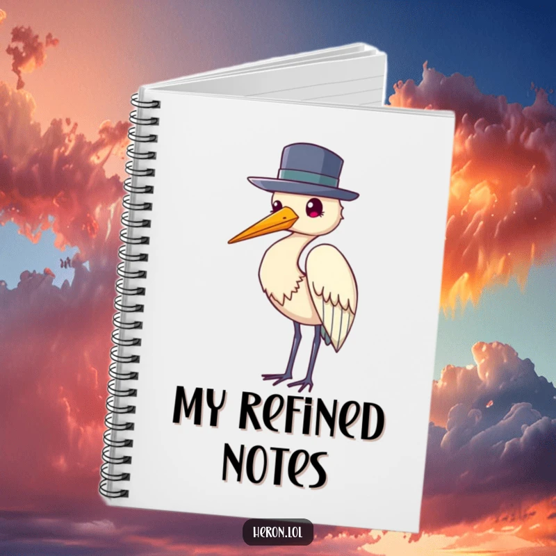 Funny notebook cover with a heron bird wearing a hat and tipping it politely, ready for sophisticated notes.
