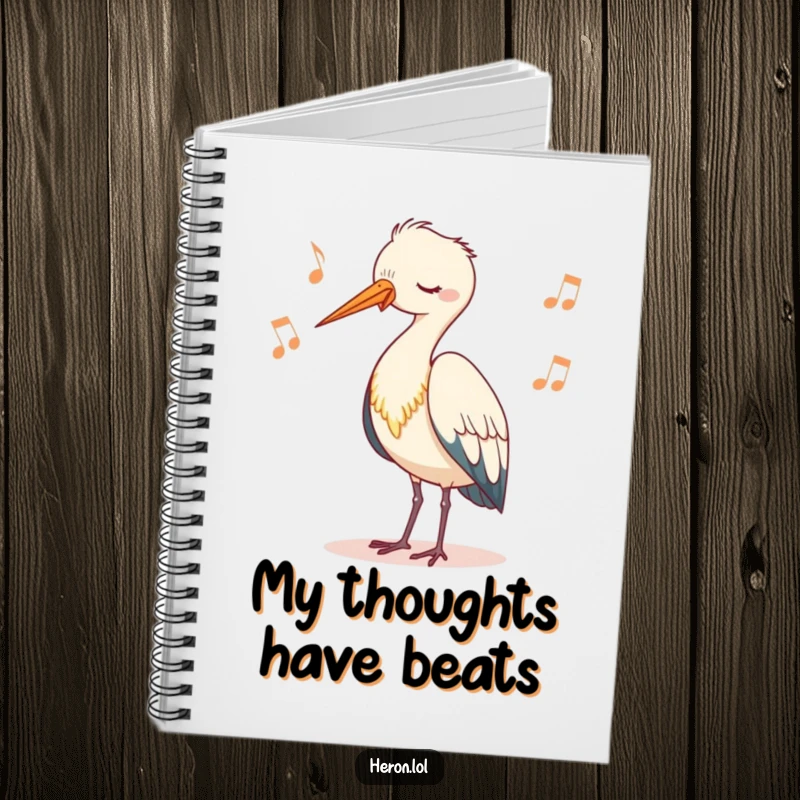 Funny notebook with a cute heron character bobbing its head rhythmically on the cover, ideal for jotting down notes with a peaceful, nature-themed flair.