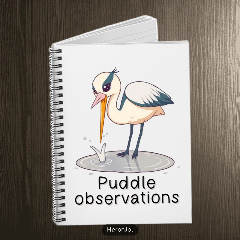 Funny Playful Heron Notebook: Heron bird playfully dipping its beak into a puddle with a splash, inspiring humorous thoughts.