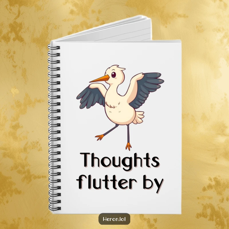 Funny Notebook with a chubby heron flapping its wings, creating a gentle breeze, perfect for jotting down calm thoughts.