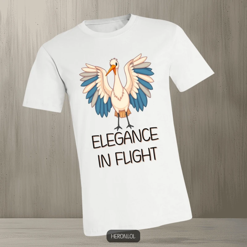 Funny Heron T-Shirt: A striking heron bird artistically unfurls its large, vibrant wings, celebrating the elegance of flight.