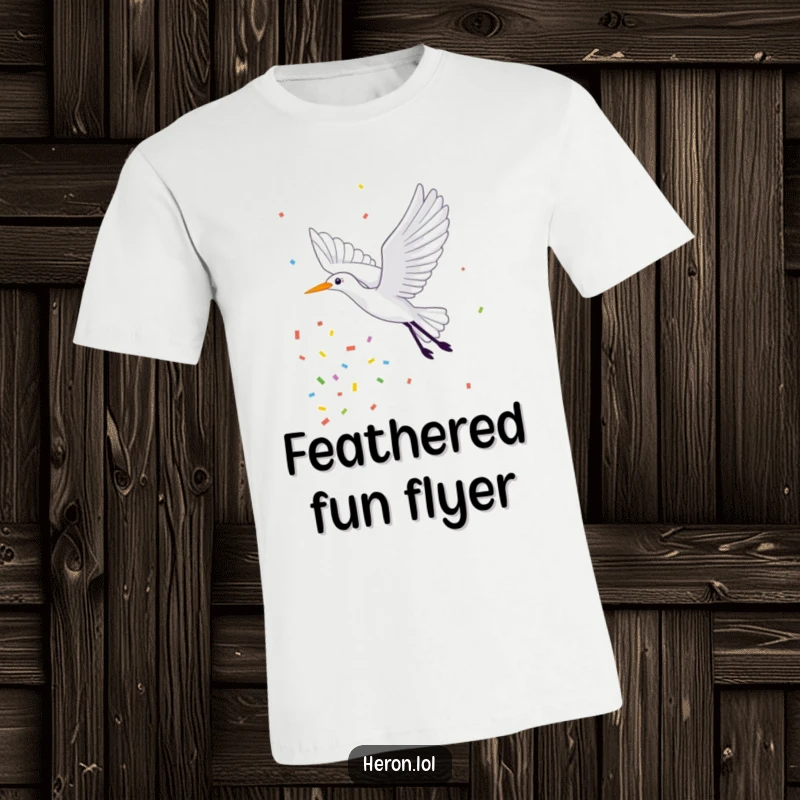 Funny T-Shirt featuring a majestic heron in flight, trailing a spectacular and colorful shower of confetti, perfect for festive occasions.