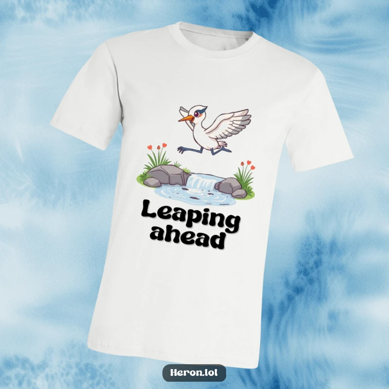 Funny T-Shirt showcasing an energetic heron leaping gracefully over a sparkling stream, capturing a moment of pure exhilaration.