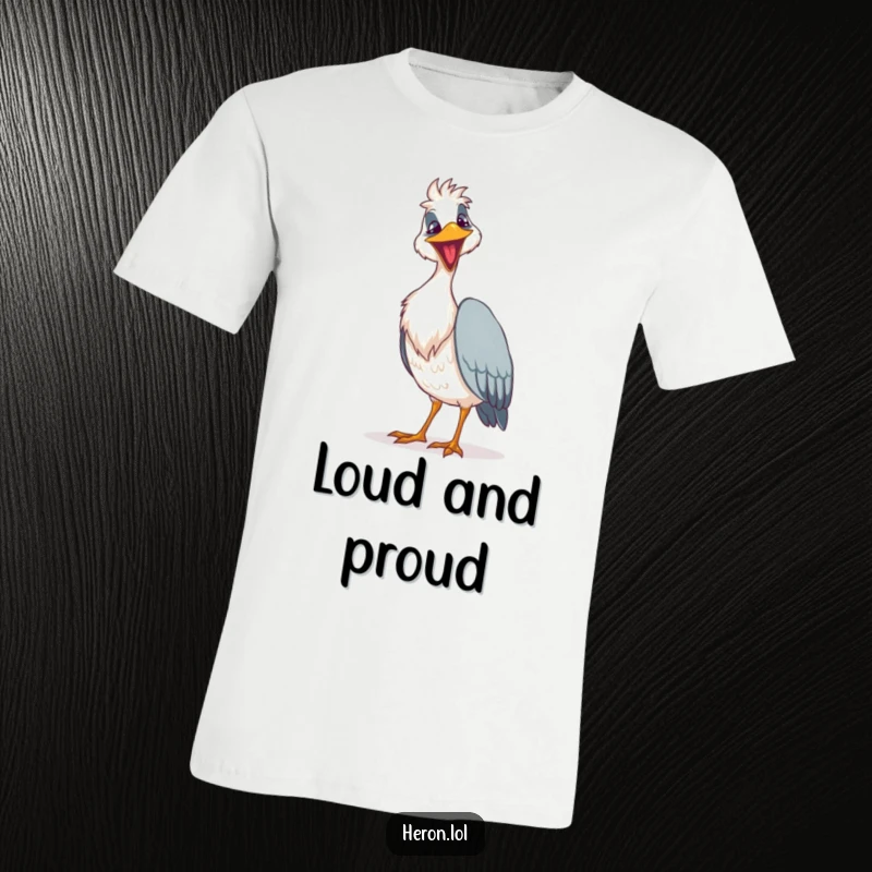 Funny goofy heron t-shirt depicting a bird with a huge grin trying to sing a loud song, a humorous statement piece.