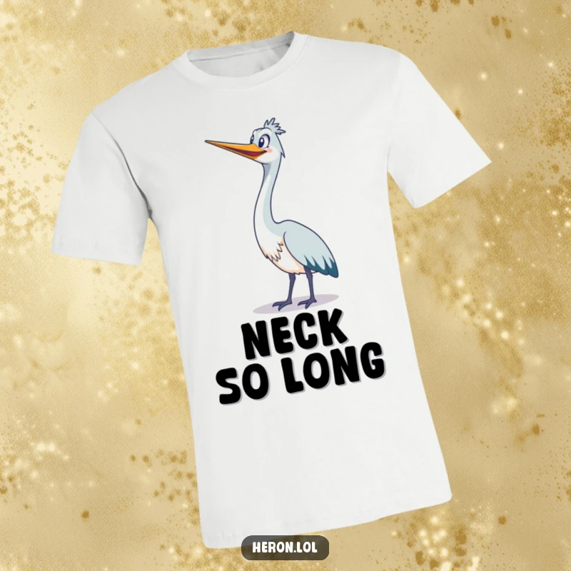 Funny cute heron stretching its long neck upwards with a wide grin, humorous bird t-shirt.