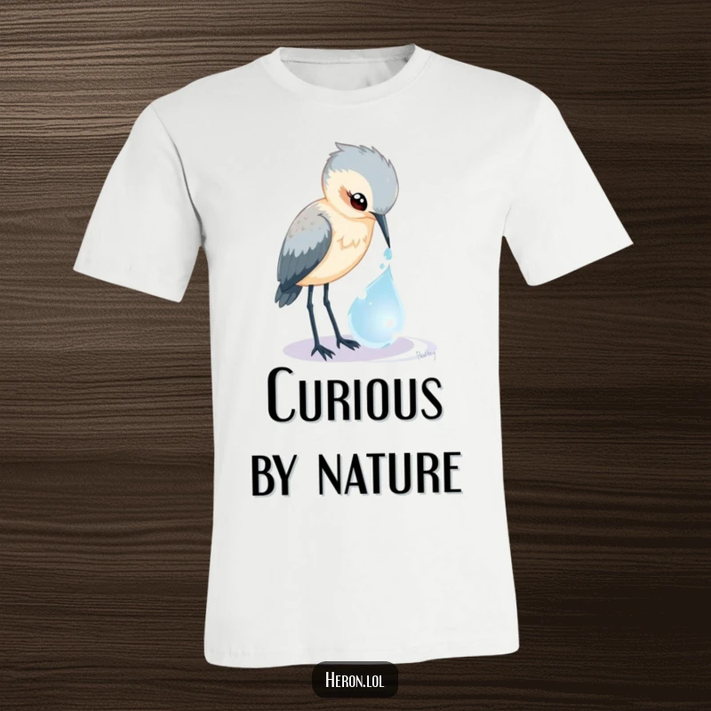 Funny Heron T-Shirt: A curious bird peers into a glistening, magical dewdrop, capturing a moment of whimsical exploration.