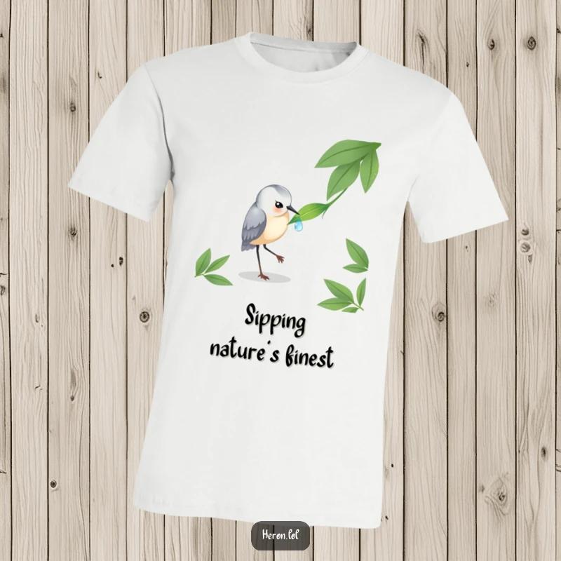 Funny Heron T-Shirt: A graceful heron focusing on a perfect dewdrop on a leaf, capturing a moment of natural wonder.