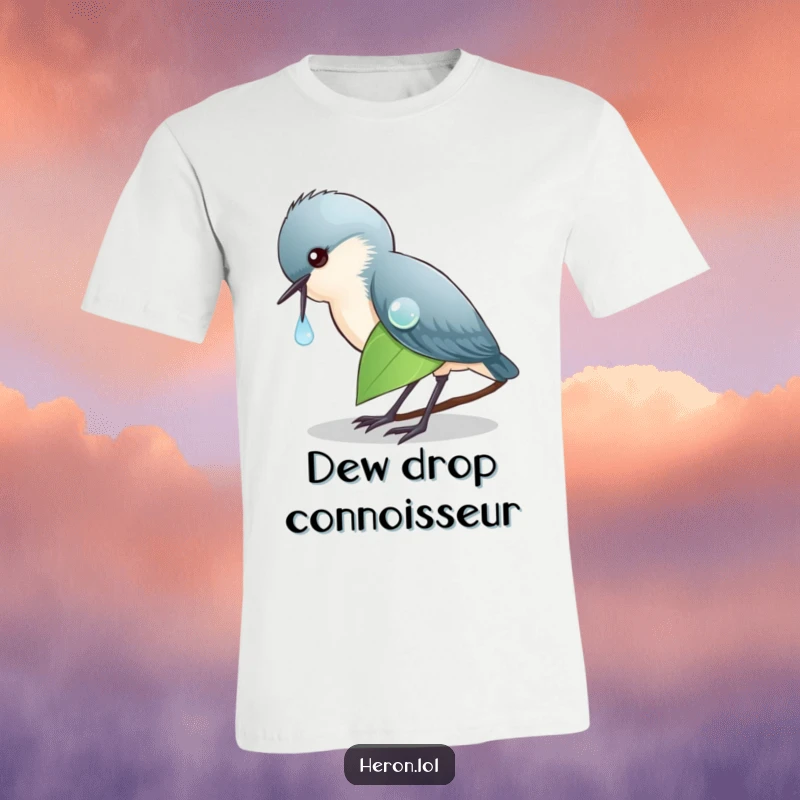 Funny T-Shirt showing a heron focused on pecking a single dewdrop on a leaf, capturing a moment of intense, humorous concentration.