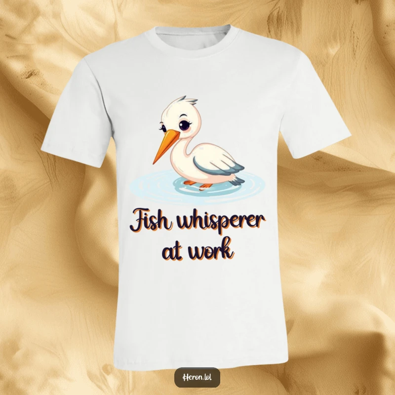 Funny t-shirt with a smiling heron fishing gracefully, beak submerged in shimmering water, symbolizing calm and contentment.