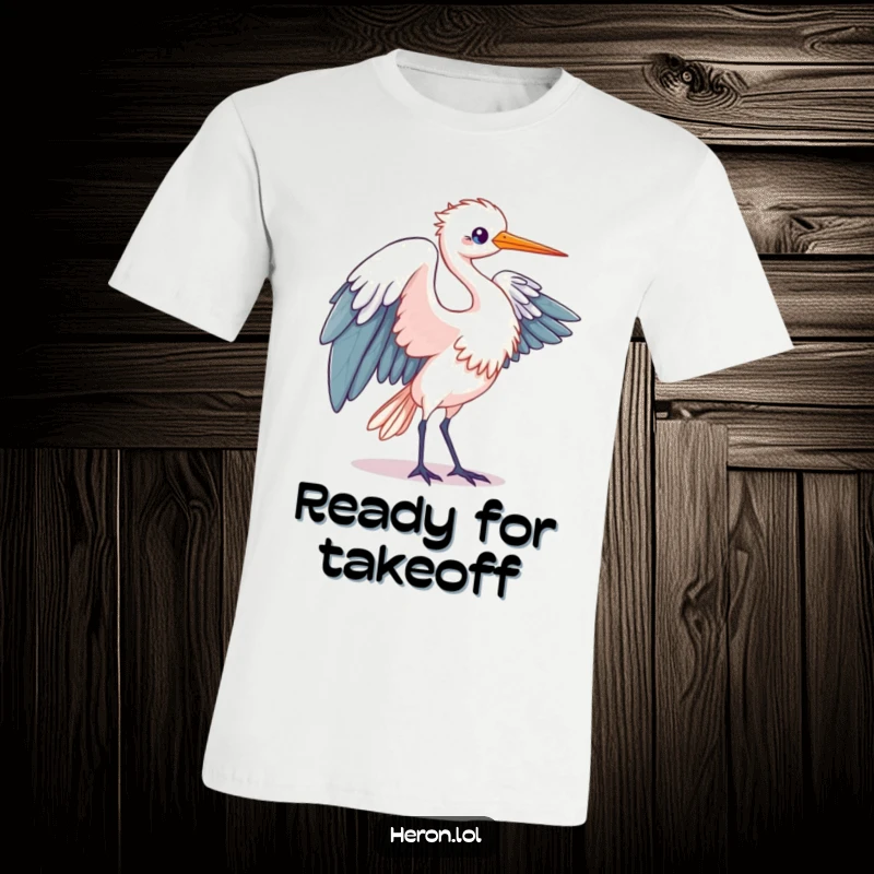 Funny Kawaii Heron T-Shirt: Adorable bird in elegant wing unfurling motion, a humorous and graceful statement piece.