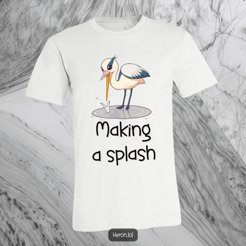 Funny Playful Heron T-Shirt: Cute heron bird playfully dipping its beak into water, creating a humorous splash with energy.