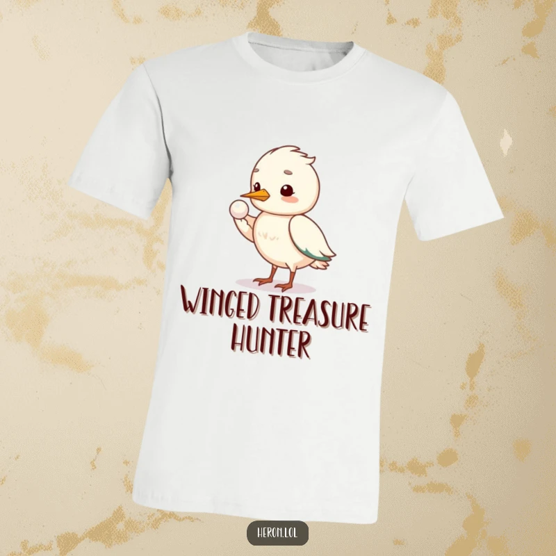 Funny shy heron t-shirt showing a bird gently offering a glowing pearl with its wing, a humorous and kind design.