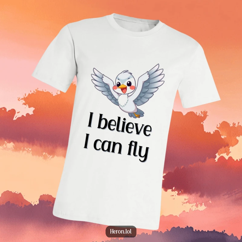 Funny Flying Heron T-Shirt: A joyful heron flaps its flippers vigorously, mimicking flight with great effort.