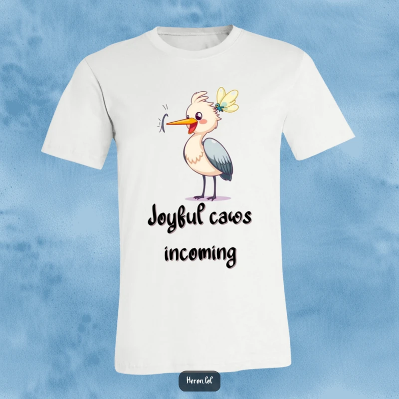 Funny heron t-shirt, happy bird cawing at dragonfly, joyful nature cartoon, humorous wildlife graphic, unique gift.