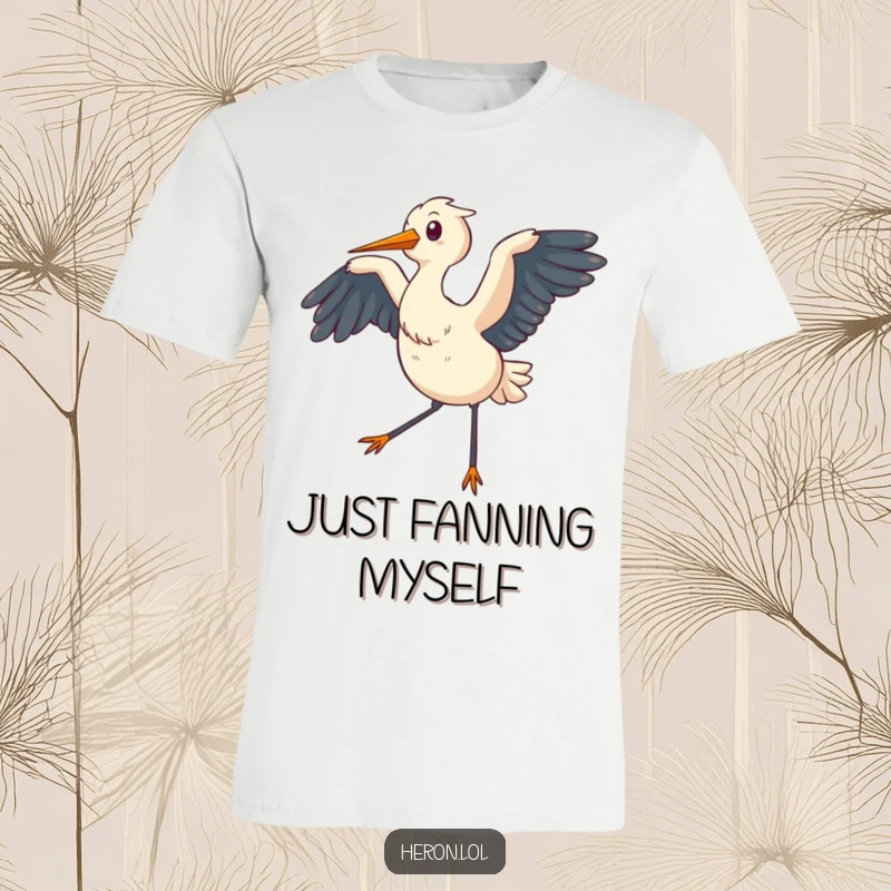 Funny T-Shirt depicting a chubby heron flapping its wings, generating a gentle, cooling breeze, perfect for a relaxed look.