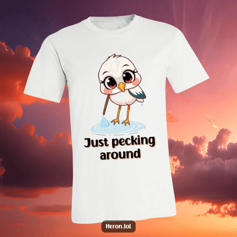 Funny t-shirt featuring a heron with wide, curious eyes, depicted in the act of scooping water with its beak, showcasing a funny, inquisitive personality.