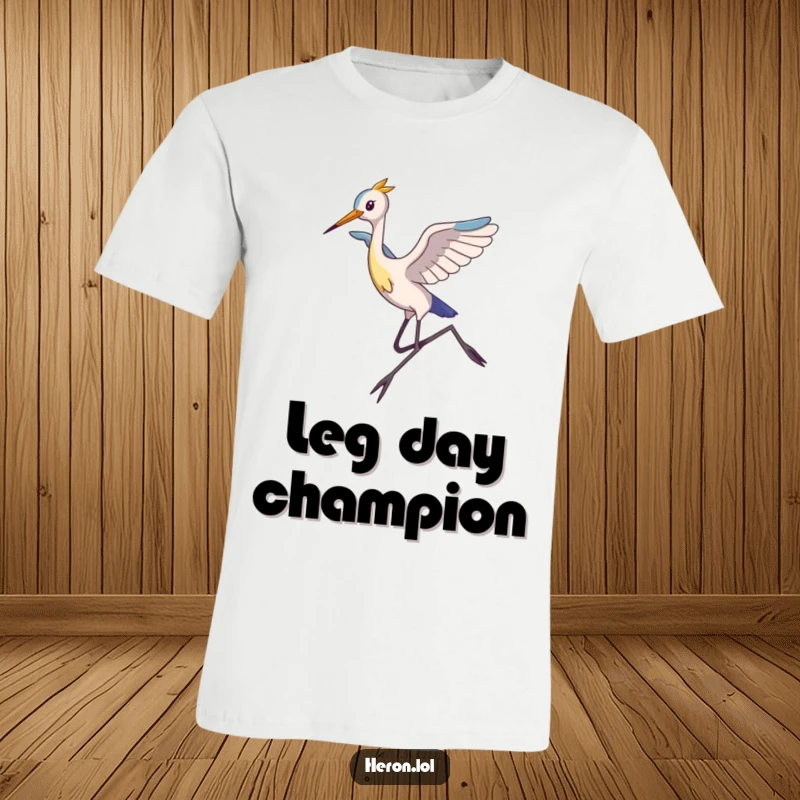 Funny T-Shirt showcasing a slim heron with impossibly long legs performing a graceful leap, exuding playful elegance and comedic timing.