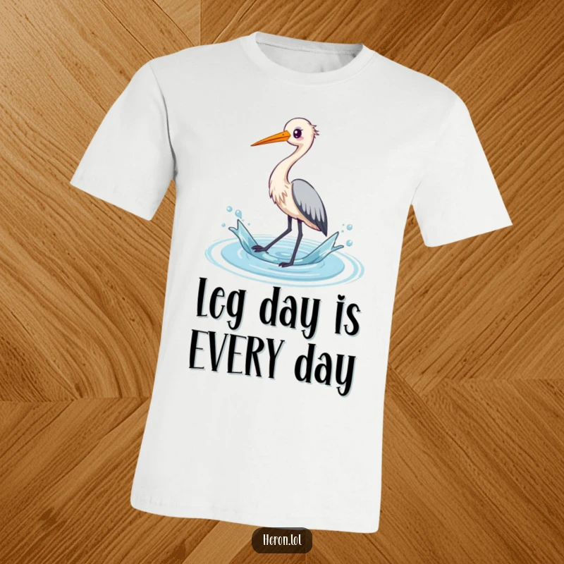 Funny heron t-shirt showcasing a kawaii heron bird energetically splashing water with its long legs, a symbol of cheerful playfulness.