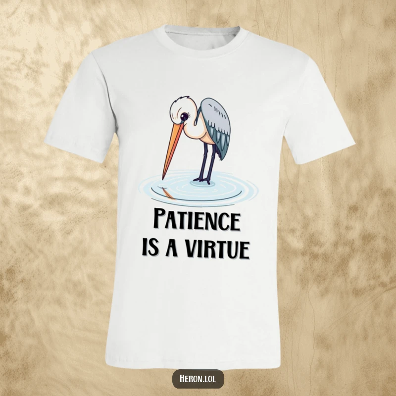 A majestic heron with its long beak gracefully touching the water's surface, a peaceful and stylish t-shirt design.